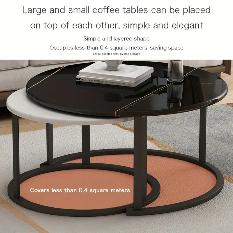 Elegance in Contrast: Set of 2 Round Nesting Marble Coffee Tables in Style9: Black and White